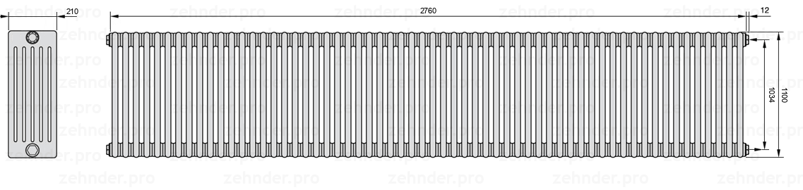 Схема (чертеж) Радиатор Zehnder Charleston 6110/60 №7610 Белый глянцевый RAL 9016